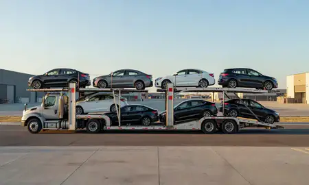 Car transporter parked in an industrial area of Dakota Ridge, Colorado, United States