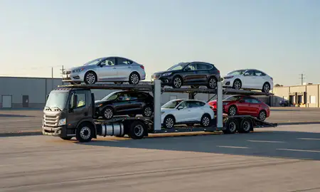 Car transporter loaded with vehicles in Dakota Ridge, Colorado, United States