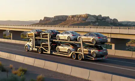 Car transporter with the Dakota Ridge, Colorado, United States skyline behind it