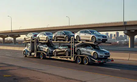Car transporter with the Denver, Colorado, United States skyline behind it