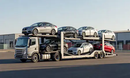 Car transporter loaded with vehicles in Englewood, Colorado, United States