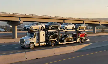 Car transporter with the Englewood, Colorado, United States skyline behind it