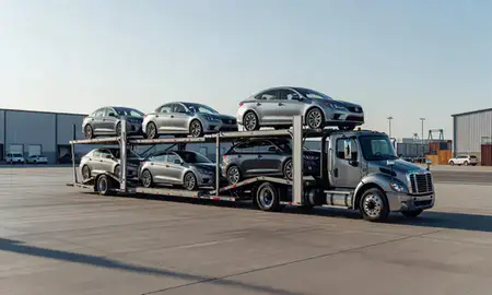 Car transporter loaded with vehicles in Fort Collins, Colorado, United States