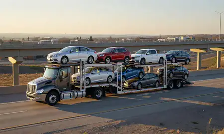 Car transporter with the Fort Collins, Colorado, United States skyline behind it
