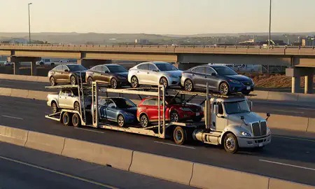 Car transporter with the Grand Junction, Colorado, United States skyline behind it