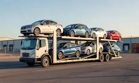 Car transporter loaded with vehicles in Greeley, Colorado, United States