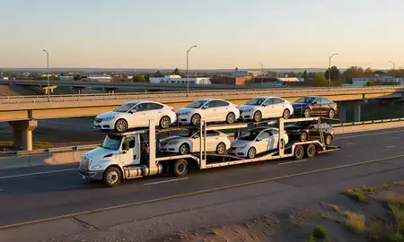 Car transporter with the Greeley, Colorado, United States skyline behind it