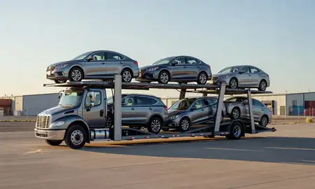 Car transporter loaded with vehicles in Highlands Ranch, Colorado, United States