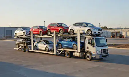 Car transporter loaded with vehicles in Ken Caryl, Colorado, United States