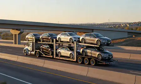 Car transporter with the Ken Caryl, Colorado, United States skyline behind it