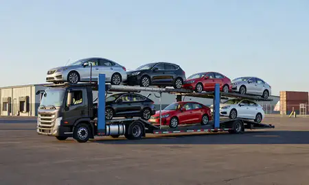 Car transporter loaded with vehicles in Lafayette, Colorado, United States