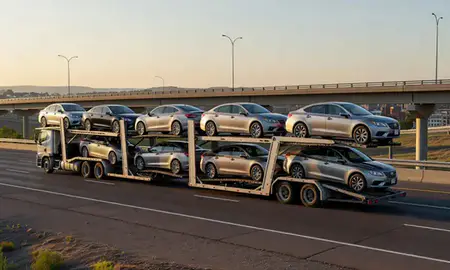 Car transporter with the Lafayette, Colorado, United States skyline behind it