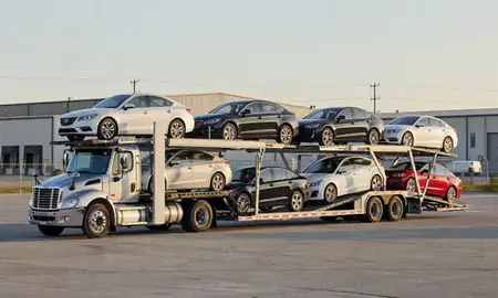 Car transporter loaded with vehicles in Lakewood, Colorado, United States