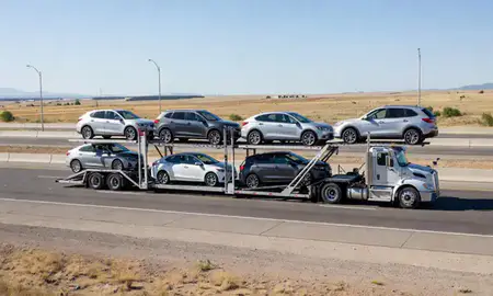 Multi-level car carrier on the highway to Littleton, Colorado, United States