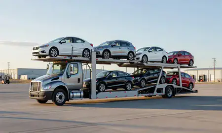 Car transporter loaded with vehicles in Littleton, Colorado, United States