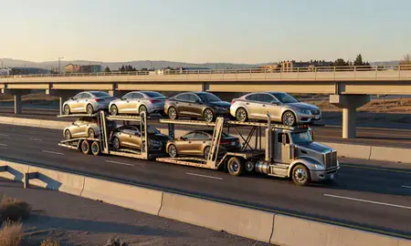 Car transporter with the Littleton, Colorado, United States skyline behind it