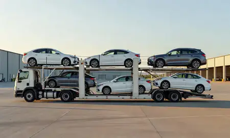Car transporter parked in an industrial area of Longmont, Colorado, United States