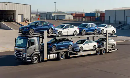 Car transporter loaded with vehicles in Longmont, Colorado, United States