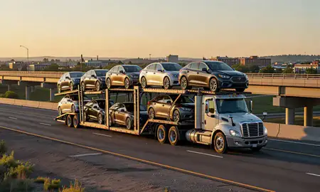 Car transporter with the Longmont, Colorado, United States skyline behind it