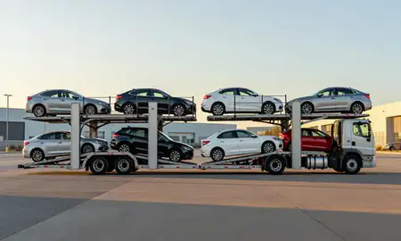 Car transporter parked in an industrial area of Loveland, Colorado, United States