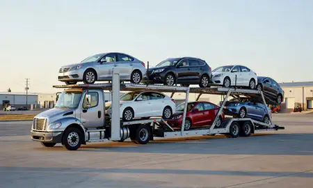 Car transporter loaded with vehicles in Loveland, Colorado, United States