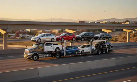 Car transporter with the Loveland, Colorado, United States skyline behind it