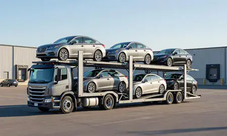 Car transporter loaded with vehicles in Northglenn, Colorado, United States