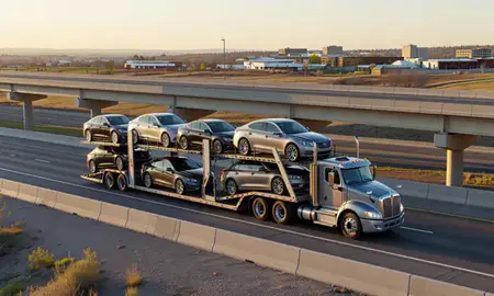 Car transporter with the Northglenn, Colorado, United States skyline behind it