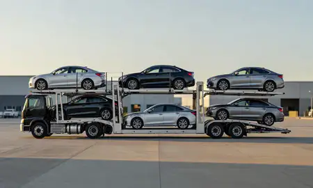Car transporter parked in an industrial area of Parker, Colorado, United States