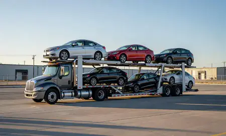 Car transporter loaded with vehicles in Parker, Colorado, United States