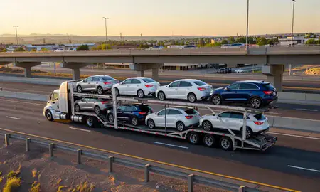 Car transporter with the Parker, Colorado, United States skyline behind it