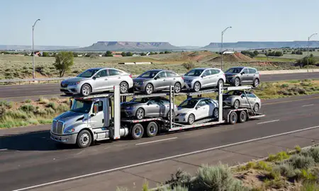Multi-level car carrier on the highway to Pueblo West, Colorado, United States