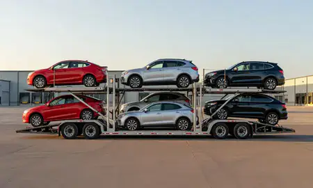 Car transporter parked in an industrial area of Pueblo West, Colorado, United States