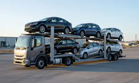 Car transporter loaded with vehicles in Pueblo West, Colorado, United States