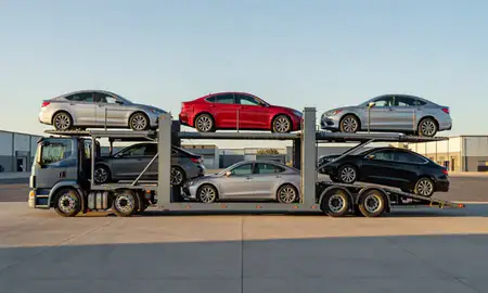 Car transporter parked in an industrial area of Pueblo, Colorado, United States