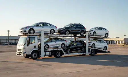 Car transporter loaded with vehicles in Pueblo, Colorado, United States