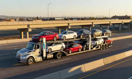 Car transporter with the Pueblo, Colorado, United States skyline behind it