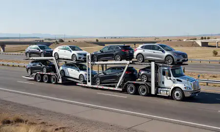Multi-level car carrier on the highway to Security-Widefield, Colorado, United States