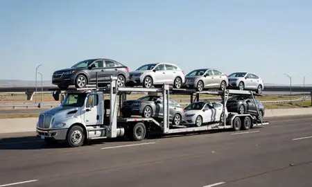 Multi-level car carrier on the highway to Thornton, Colorado, United States