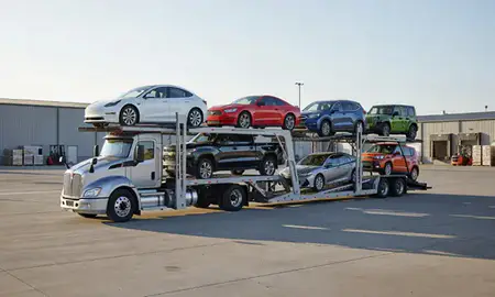 Car transporter loaded with vehicles in Thornton, Colorado, United States