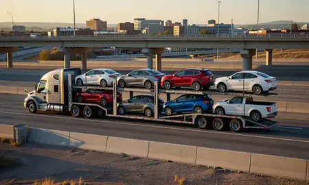 Car transporter with the Thornton, Colorado, United States skyline behind it
