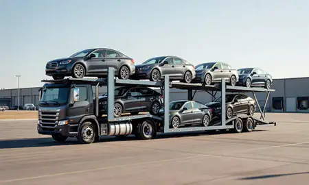 Car transporter loaded with vehicles in Westminster, Colorado, United States