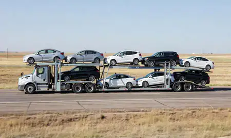 Multi-level car carrier on the highway to Windsor, Colorado, United States