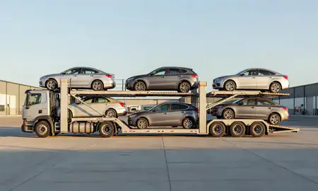 Car transporter parked in an industrial area of Windsor, Colorado, United States