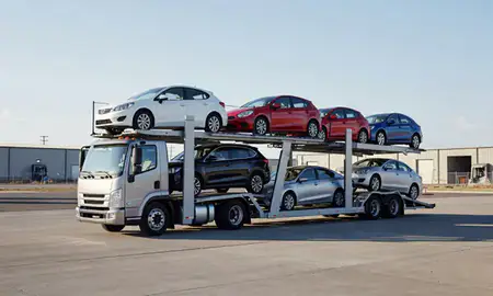 Car transporter loaded with vehicles in Windsor, Colorado, United States