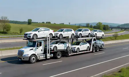 Multi-level car carrier on the highway to Connecticut, United States