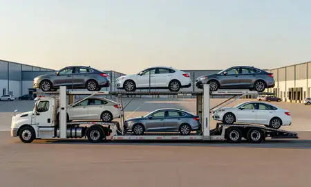 Car transporter parked in an industrial area of Connecticut, United States