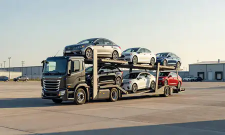 Car transporter loaded with vehicles in Connecticut, United States