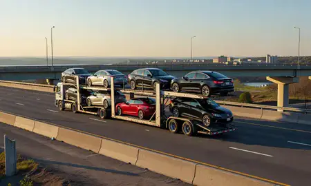 Car transporter with the Connecticut, United States skyline behind it