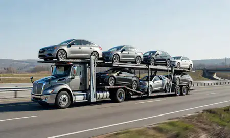 Multi-level car carrier on the highway to Ansonia, Connecticut, United States